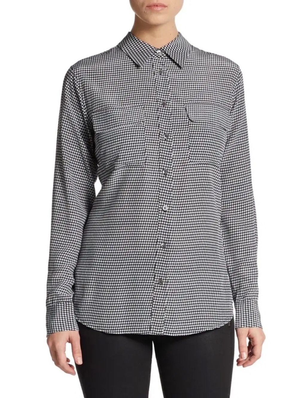 EQUIPMENT Classic Black and White Houndstooth Pattern 100% Silk Shirt